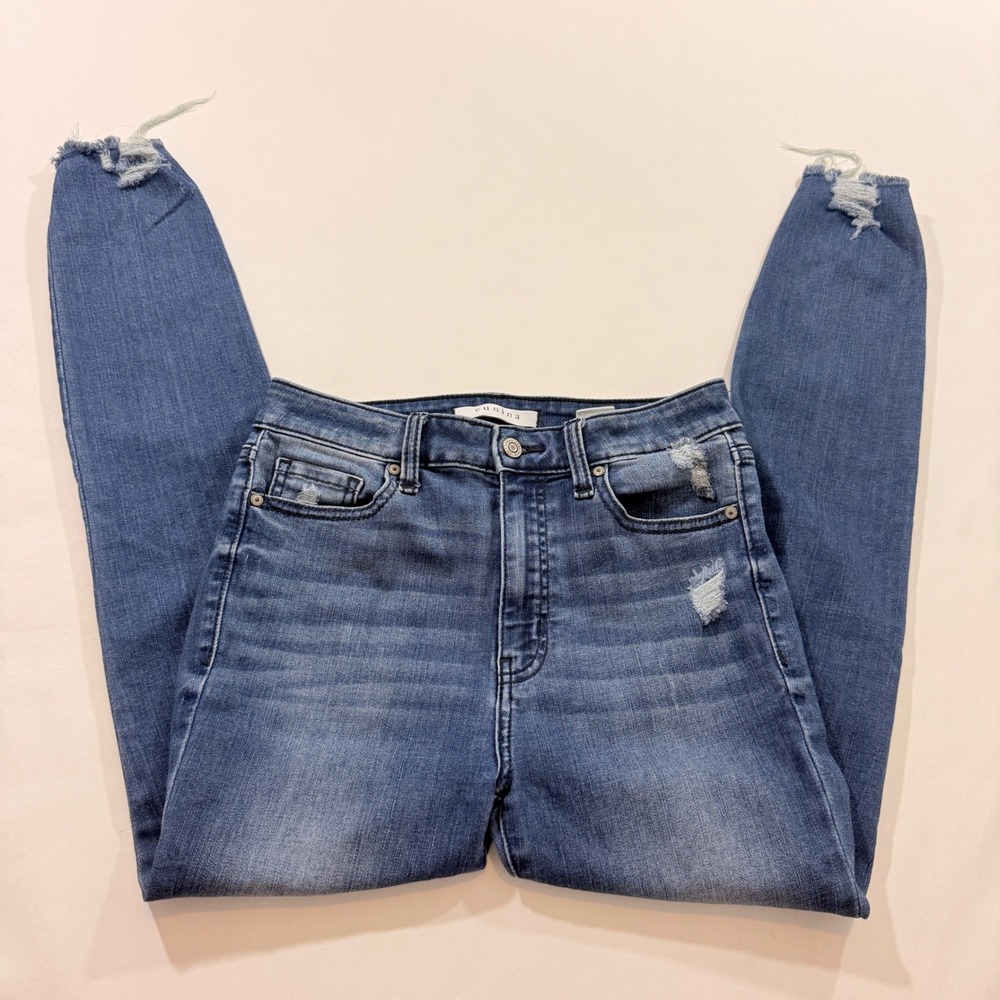 Eunina Skinny Jeans Women Size 5 Blue Distressed Super High Rise Frayed Hem
